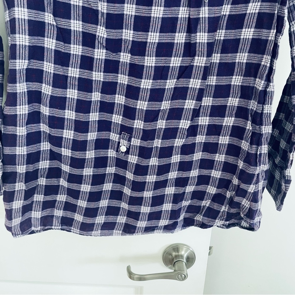 AEO Cotton Plaid Ruffle Neck Long Sleeve Top Purple Size 6 - Picture 8 of 11